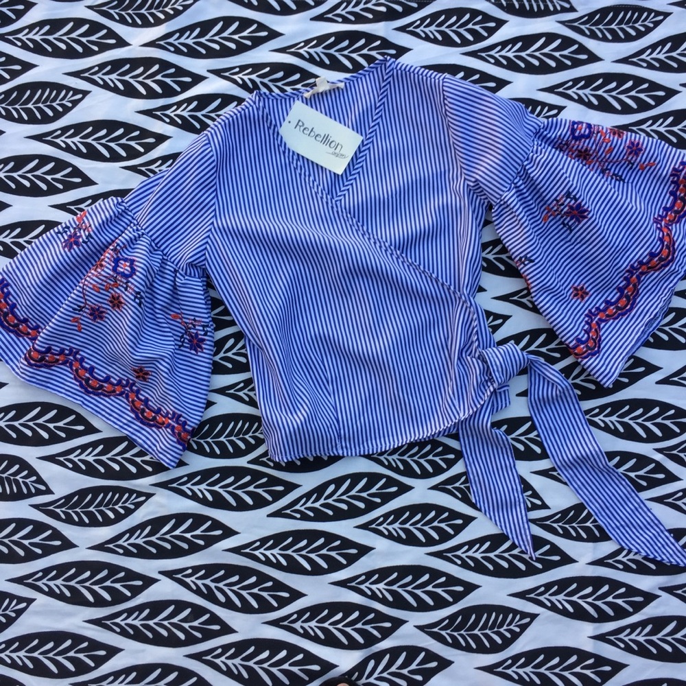 Embroidered Stripe Wrap Top
